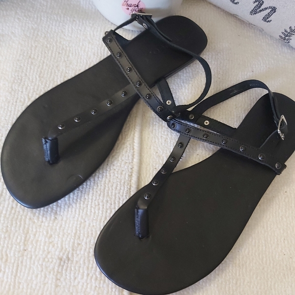 Bianco leather thong sandals black studded flats y2k - Picture 4 of 14